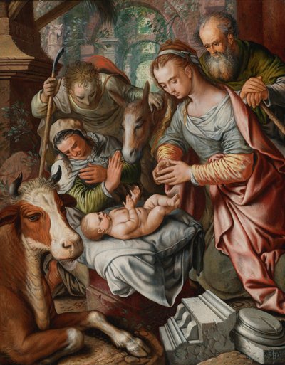 De aanbidding van de herders door Joachim Beuckelaer