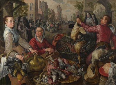 De Vier Elementen: Een Gevogelte Kraam in een stad met de Verloren Zoon op de achtergrond - een Allegorie van Lucht, 1569 door Joachim Beuckelaer