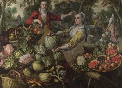 De Vier Elementen: Aarde. Een Fruit- en Groentemarkt met de Vlucht naar Egypte op de Achtergrond - door Beuckelaer (Bueckelaer), Joachim (1533-1574) - 1569 National Gallery, Londen door Joachim Beuckelaer