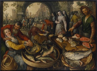 Een vismarkt met Ecce Homo door Joachim Beuckelaer