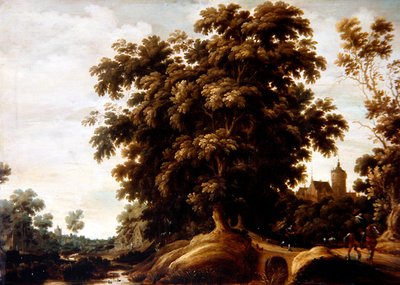Een Rivierlandschap met Figuren en een Dorp op de Achtergrond door Joachim Govertsz Camphuysen