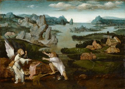 Landschap met Tobias en de engel door Joachim Patenier