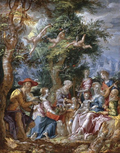 De Heilige Familie met Heiligen en Engelen door Joachim Wtewael or Utewael