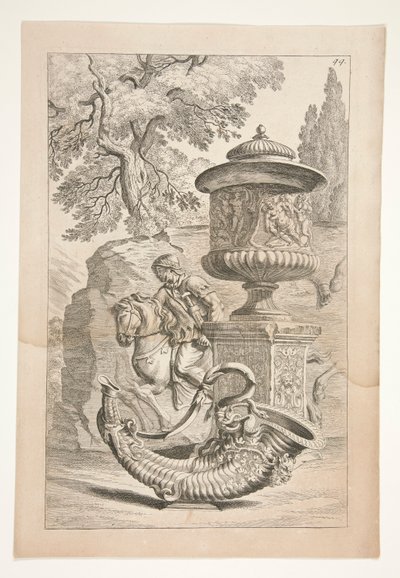 Een reliëf van krijgers, een bedekte vaas versierd met een Bacchisch reliëf, en een hoorn des overvloeds in een landschap door Joachim von Sandrart