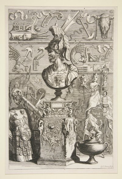 Een standbeeld van Lucius Sciopione, wapenrusting en andere antieke vaandels en fragmenten door Joachim von Sandrart