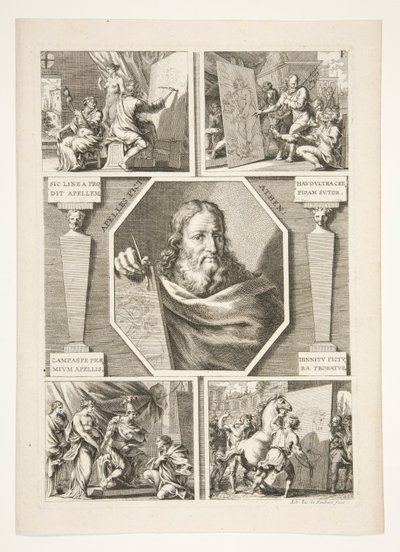 Portret van Apelles en vier scènes uit het leven van Apelles door Joachim von Sandrart