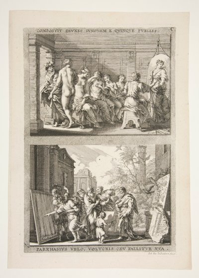 bovenste helft: COMPOSIT ZEUXES IUNONEM E QUINQUE PUELLIS onderste helft: PARRHASIUS VELO, VOLVCRIS CEV FALLITOR VUA door Joachim von Sandrart