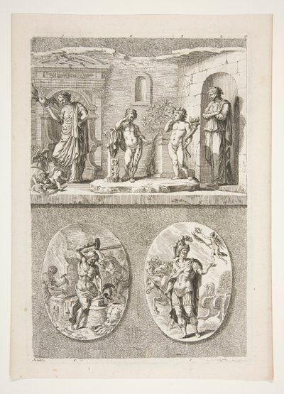 Bovenste helft: Vier Antieke Beelden onderste helft: Smederij van Vulcanus en Een Zegevierende Romeinse Generaal door Joachim von Sandrart