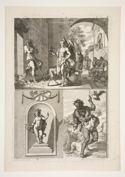 bovenste helft: Onbekend religieus onderwerp onderste helft: Een standbeeld van een putto in een nis en een standbeeld van een faun in een landschap door Joachim von Sandrart