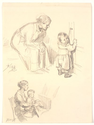 Twee figuurstudies. Boven een zittende vrouw die een kind bij een deur observeert; onder een vrouw met een kind bij de piano door Joakim Frederik Skovgaard