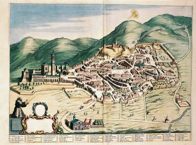 Kaart van Assisi uit Theatrum civitatum et admirandorum Italiae, door Joan Blaeu, gravure door Joan Blaeu
