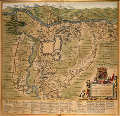 Het beleg van Turijn in 1639, kleurengraving uit Theatrum Sabaudiae door Joan Blaeu, gedrukt in Italië door Joan Blaeu