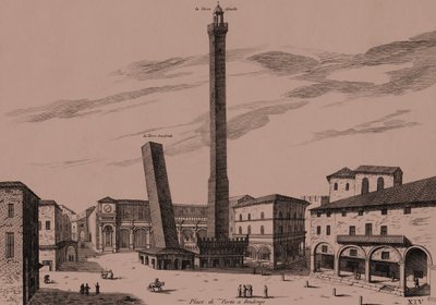 De twee torens (Asinelli en Garisenda), Bologna, Emilia-Romagna, Italië, kopergravure door Joan Blaeu