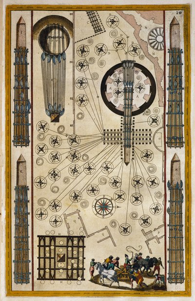 Lieren voor het verplaatsen van obelisk, gravure uit Theatrum civitatum et admirandorum Italiae, door Joan Baleu (1596-1673) door Joan Blaeu