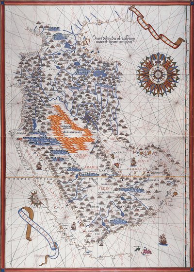 Kaart van het Arabisch Schiereiland, met windroos en details van havens en kusten, in Atlas van Joan Martines door Joan Martines