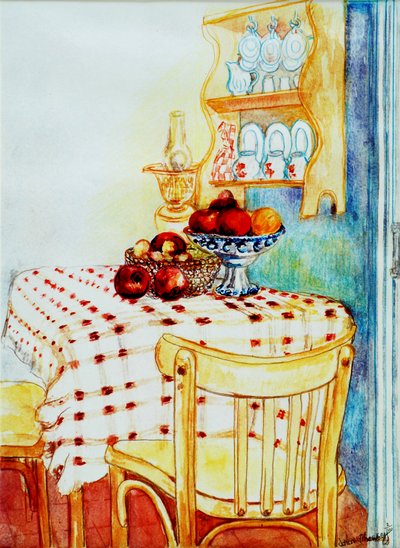 Cottage keukentafel met appels, 2005 door Joan Thewsey