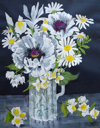 Witte Klaprozen, Margrieten en Philadelphus door Joan Thewsey