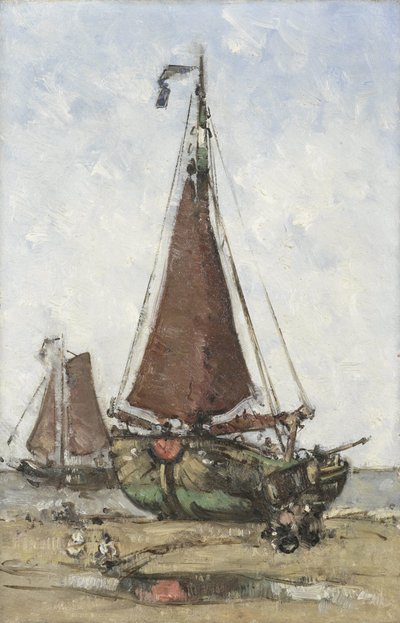 Vissersboot met stompe boeg op het strand door Joannes Barnardus Antonius Maria Westerwoudt