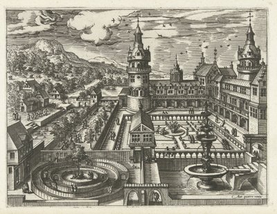 Kasteel met doolhof en fontein door Joannes van Doetechum (I) (attributed to)
