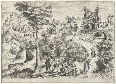 Landschap met de barmhartige Samaritaan door Joannes van Doetechum (I) (attributed to)
