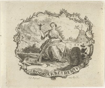 Vrouw met brandende lamp Arbeid en nijver (title on object) door Joannis Jacobus Bijlaert