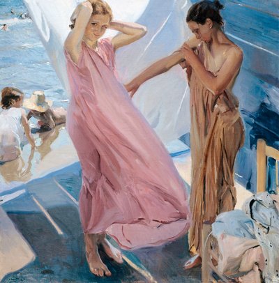 Na het bad, twee meisjes die zich omkleden na het zwemmen in de zee door Joaquin Sorolla y Bastida