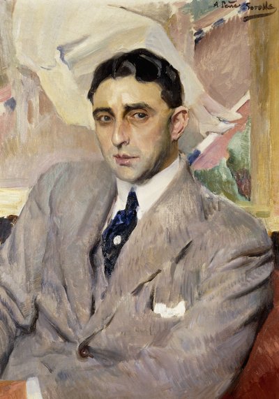 Portret van de acteur, Ramon Pena, halflang, in een grijs pak door Joaquín Sorolla