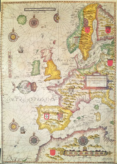 Een algemene kaart en beschrijving van de zeekusten van Europa en navigatie in dit boek bevat (handgekleurde gravure) door Jodocus Hondius