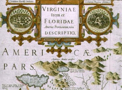 Titel cartouche en inzetstukken, detail van de kaart van North Carolina getiteld Virginiae item et Floridae, uit de Mercator Atlas... van 1606, uitgegeven door Jodocus Hondius, 1619 door Jodocus Hondius