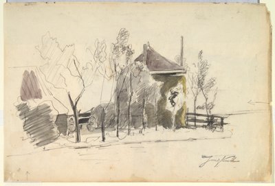 Hooikar in een boerenerf (recto); Uitzicht op een boerderij (verso) door Johan Barthold Jongkind