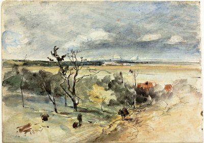 Landschap met Man op een Ezel (recto) Twee Vrouwen in een Café (verso) door Johan Barthold Jongkind