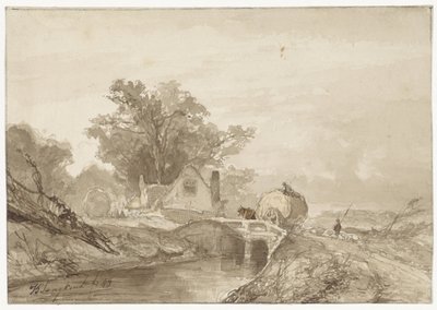 Landschap met een brug met daarop een hooiwagen door Johan Barthold Jongkind