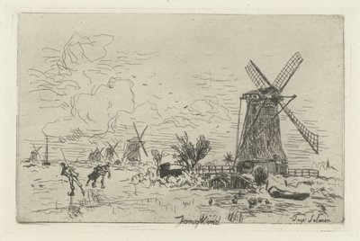 Landschap met molens en schaatsers door Johan Barthold Jongkind