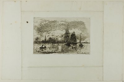 Ondergaande zon, haven van Antwerpen door Johan Barthold Jongkind