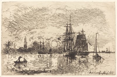 Zonsondergang, Haven van Antwerpen door Johan Barthold Jongkind