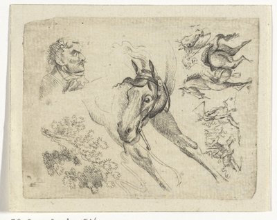 Studieblad met paarden, een man en een tak door Johan Bernard Scheffer