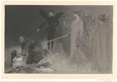 Chamberlain, als de duivel, en Kitchener in een politieke allegorie op de oorlog in Transvaal door Johan Braakensiek