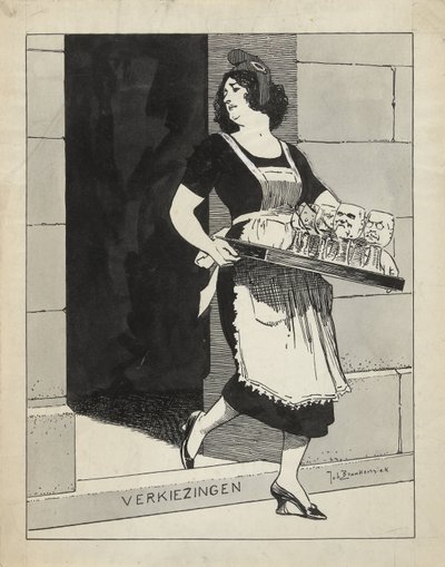 Ontwerp voor illustratie in De Amsterdammer: De Nederlandse Maagd als dienstmeid met een blad glazen struikelt over het afstapje Verkiezingen (17 Mei 1924) door Johan Braakensiek