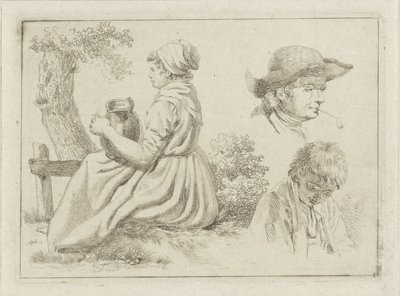 Zittende vrouw met schenkkan, portret van een man met pijp en een jongen door Johan Christiaan Willem Safft