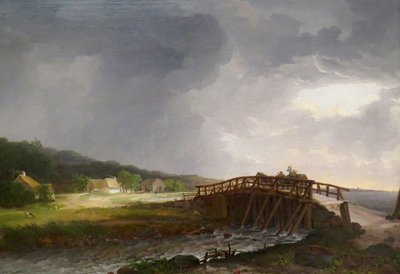 Deens: De brug over de rivier de Tryggevælde met uitzicht op Køge De brug over de rivier de Tryggevælde met uitzicht op Køge, Zeeland door Johan Christian Dahl