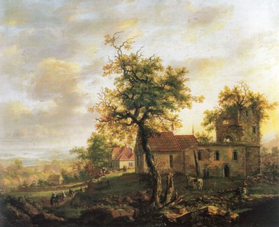 Noors Bokmål:  Kirkeruiner, Avaldsnes De kerkruïne van Avaldsnes op Karmøy door Johan Christian Dahl