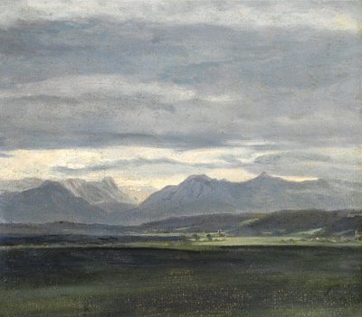 Studie van een landschap met poederblauwe lucht boven bergen door Johan Christian Dahl