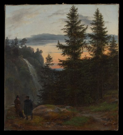 Twee mannen voor een waterval bij zonsondergang door Johan Christian Dahl