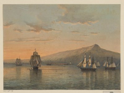 Gezicht op de ankerplaats bij Anjer op Java, noordkust van Java (residentie Bantam) door Johan Conrad Greive