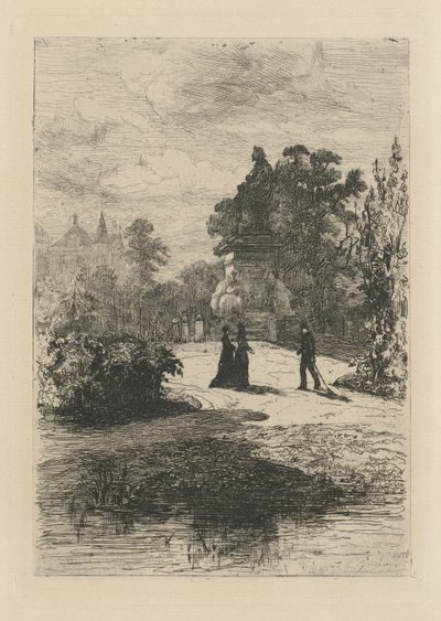 Gezicht op het standbeeld van Vondel in het Vondelpark door Johan Conrad Greive