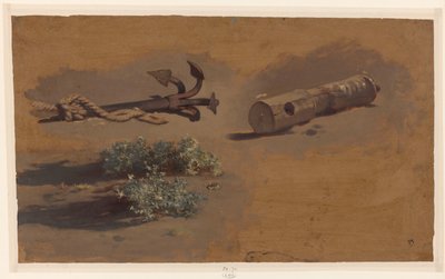 Studie van een anker, deel van een scheepsmast en struiken door Johan Daniël Koelman