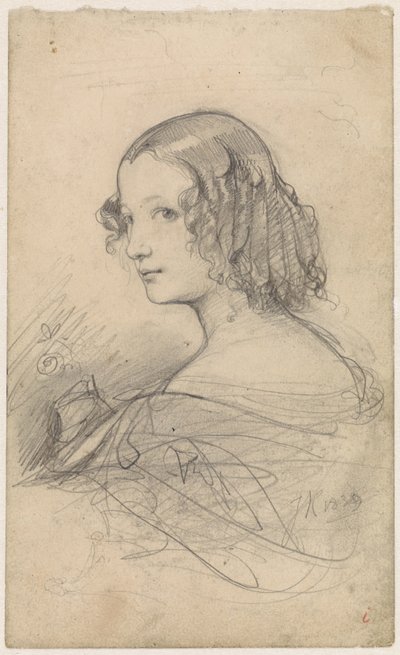 Portret van een jonge vrouw met pijpenkrullen, naar links door Johan Hendrik Koelman