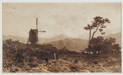 Heuvellandschap met links een molen door Johan Hendrik Weissenbruch