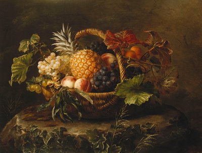 Een Ananas, Druiven, Perziken en Abrikozen in een Mand door Johan Laurents Jensen
