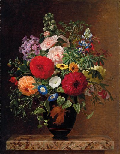 Sering, Appelbloesem, Korenbloemen en Anjers met een Pot Viooltjes op een Richel, 1827 door Johan Laurents Jensen